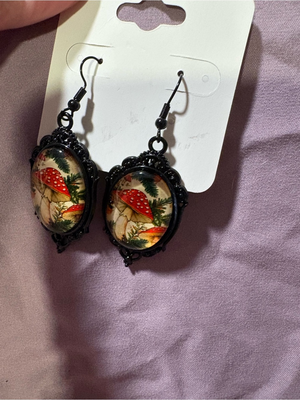 Vintage-Style Black Frame Mushroom Drop Earrings - Red Accents